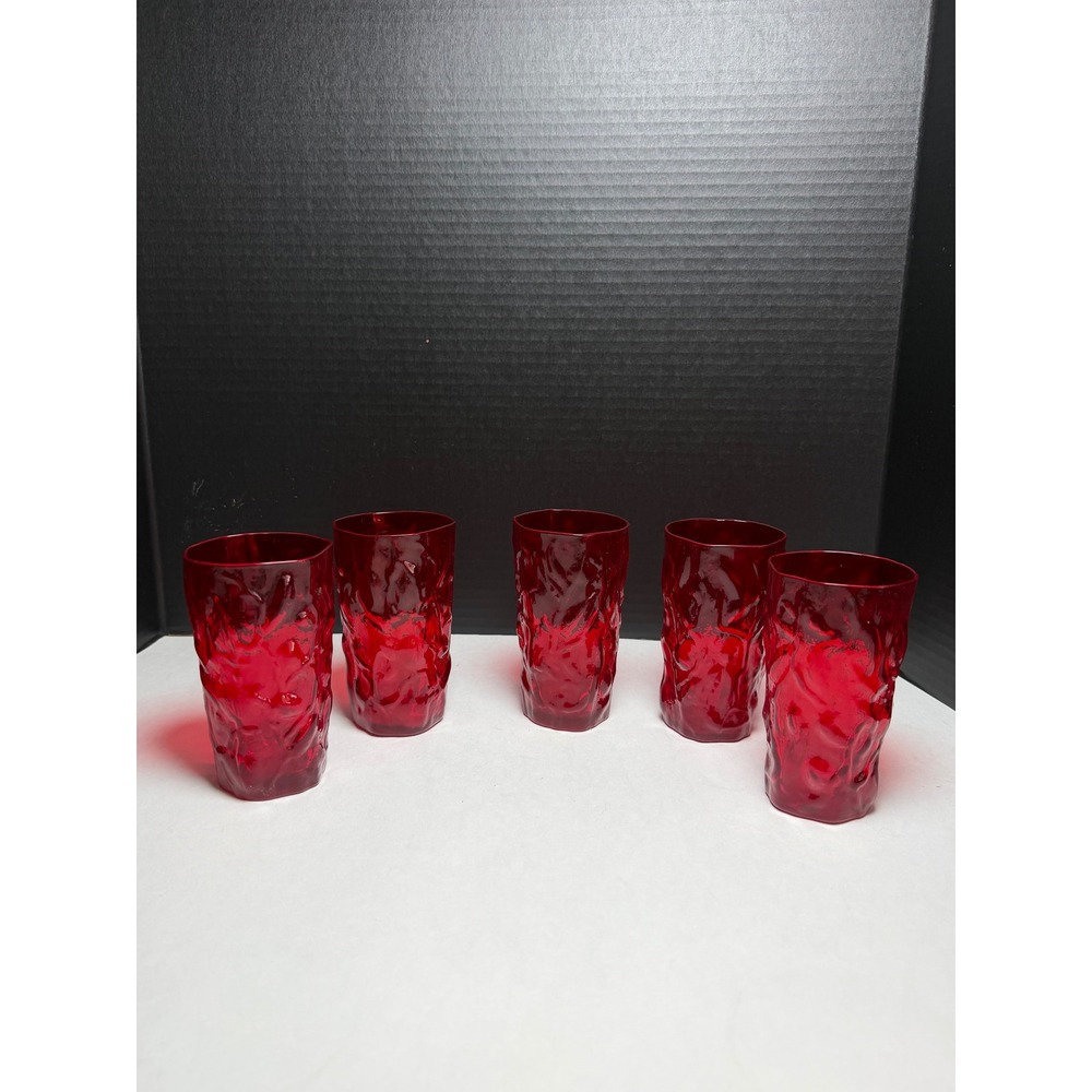 VTG Seneca Ruby Red Driftwood Crinkle Glass Set of 5 Highball Glasses MCM